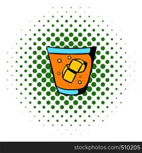 Glass of whiskey and ice icon in comics style on a white background. Glass of whiskey and ice icon, comics style