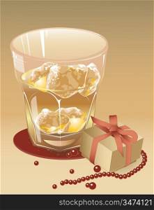glass of whiskey with the blocks of ice, gift and beads