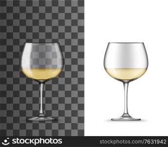 Glass of white wine montrachet realistic mockup of alcohol beverage vector design. Isolated 3d wineglass or goblet cup with white burgundy wine or chardonnay, glassware on transparent background. Glass of white wine montrachet realistic mockup