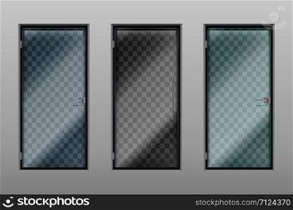 Glass office doors. Modern interior transparent door with handle and lock. Vector set of entrance door shop or boutique, closed shopfront illustration. Glass office doors. Modern interior transparent door with handle and lock. Vector set