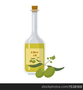 Glass olive oil bottle isolated on white background. Packaging template with Label. branch of olives near container vector illustration.