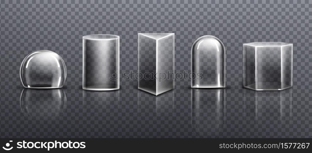 Glass or clear plastic domes different shapes isolated on transparent background. Vector realistic mockup of empty protection cover, acrylic bell jar. Exhibition display cases. Glass or clear acrylic domes different shapes