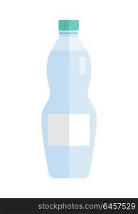 Glass or plastic bottle with beverage. Vector in flat style design. Sweet summer drinks concept. Illustration for icons, labels, prints, logo, menu design, infographics. Isolated on white background.. Glass or Plastic Bottle with Water Beverage.
