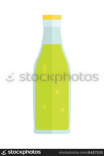 Glass or plastic bottle with beverage. Vector in flat style design. Sweet summer drinks concept. Illustration for icons, labels, prints, logo, menu design, infographics. Isolated on white background.. Glass or Plastic Bottle with Sweet Green Beverage.