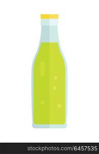 Glass or plastic bottle with beverage. Vector in flat style design. Sweet summer drinks concept. Illustration for icons, labels, prints, logo, menu design, infographics. Isolated on white background.. Glass or Plastic Bottle with Sweet Green Beverage.