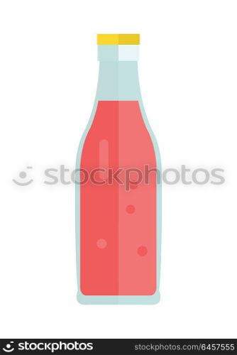 Glass or plastic bottle with beverage. Vector in flat style design. Sweet summer drinks concept. Illustration for icons, labels, prints, logo, menu design, infographics. Isolated on white background.. Glass or Plastic Bottle with Sweet Red Beverage.
