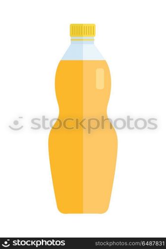 Glass or plastic bottle with beverage. Vector in flat style design. Sweet summer drinks concept. Illustration for icons, labels, prints, logo, menu design, infographics. Isolated on white background.. Glass or Plastic Bottle with Sweet Orange Beverage. Glass or Plastic Bottle with Sweet Orange Beverage
