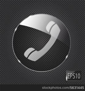 Glass phone button icon on metal background. Vector illustration..