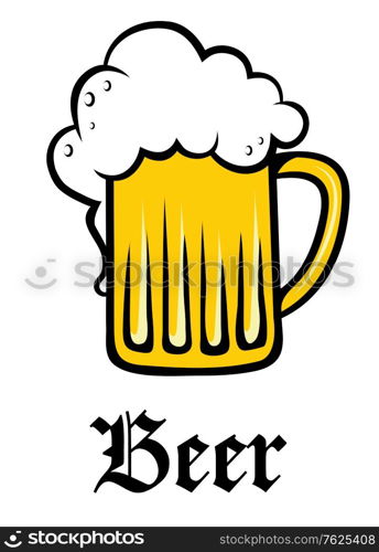 Glass pint tankard of refreshing golden frothy beer or lager overflowing down the sides above the text - Beer - on white