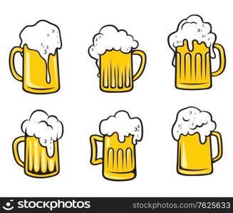 Glass pint tankards set of golden frothy beer isolated over white background. Suitable for Oktoberfest, bar and restaurant design