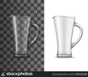 Glass pitcher or jug realistic vector mockup of empty transparent jar for water, milk or juice drinks. 3d object of container, vase, bottle or carafe with handle and spout, kitchen glassware design. Glass pitcher realistic mockup of drink conteiner