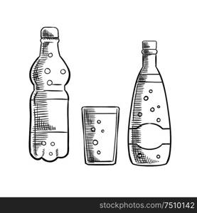 Glass, plastic and glass bottles with blank labels and bubbles. Soda drinks and lemonade isolated on white. Bottles and glass of sweet soda drink