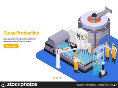 Glass production isometric background with editable text read more button and composition of glassworks machinery images vector illustration