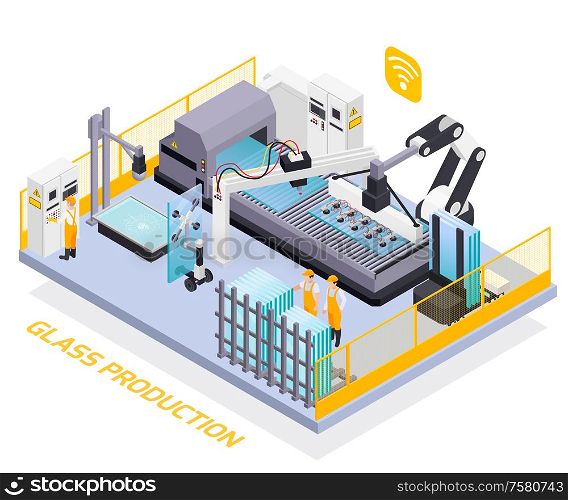 Glass production isometric composition of text and platform with images of remotely controlled intelligent production machine vector illustration