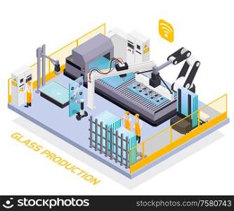 Glass production isometric composition of text and platform with images of remotely controlled intelligent production machine vector illustration