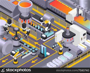 Glass production isometric composition with industrial scenery and automatic conveyors of production machines with raw materials vector illustration