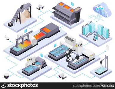 Glass production isometric composition with isolated images of glassworks industrial equipment and machines connected with lines vector illustration
