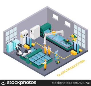 Glass production isometric composition with text and indoor view of glassworks operating department with human workers vector illustration