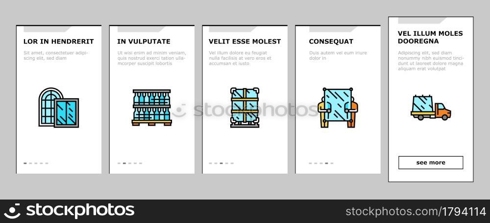 Glass Production Plant Onboarding Mobile App Page Screen Vector. Glass Bottle And Vase, Jar And Light Bulb Manufacturing, Window Packaging And Transportation Illustrations. Glass Production Plant Onboarding Icons Set Vector