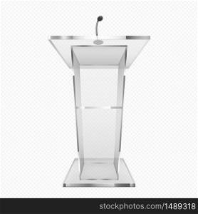 Glass pulpit, podium or tribune. Rostrum stand with microphone for conference debates, trophy isolated on transparent background. Business presentation speech pedestal Realistic 3d vector illustration. Glass pulpit, podium or tribune, rostrum stand