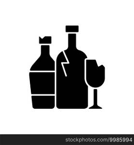 Glass recycling black glyph icon. Waste glass processing into usable products. Wine and soft drink bottles. Jars for food, cosmetics. Silhouette symbol on white space. Vector isolated illustration. Glass recycling black glyph icon
