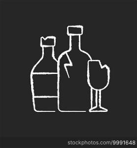 Glass recycling chalk white icon on black background. Waste glass processing into usable products. Wine and soft drink bottles. Jars for food, cosmetics. Isolated vector chalkboard illustration. Glass recycling chalk white icon on black background