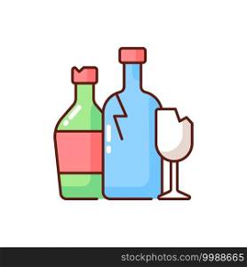 Glass recycling RGB color icon. Waste glass processing into usable products. Wine and soft drink bottles. Jars for food, cosmetics. Non-biodegradable materials. Isolated vector illustration. Glass recycling RGB color icon