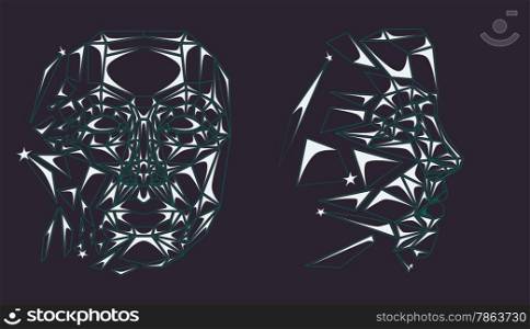 Glass robot face is breaking line art: front and side.