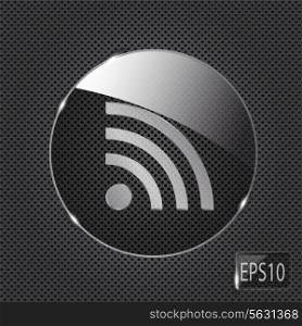 Glass rss button icon on metal background. Vector illustration..