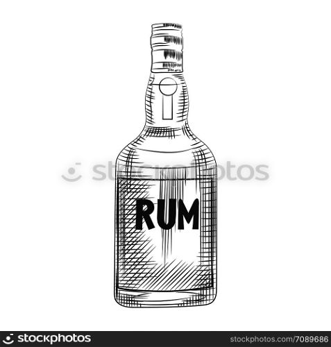 Glass rum bottle. isolated on white background. Engraving style vector illustration.. Glass rum bottle. isolated on white background.