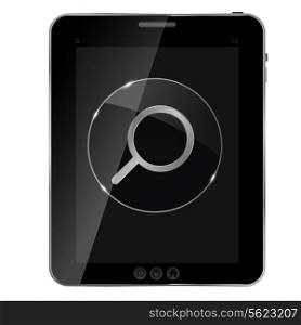 Glass Search button icon on abstract tablet. Vector illustration..