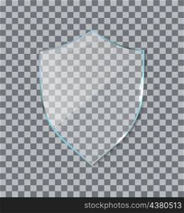 Glass shield. Acrylic plexiglass shield of defense. Icon for guard, security and award isolated on transparent background. Glossy, clear and shiny glass badge. Protection and safe emblem. Vector.
