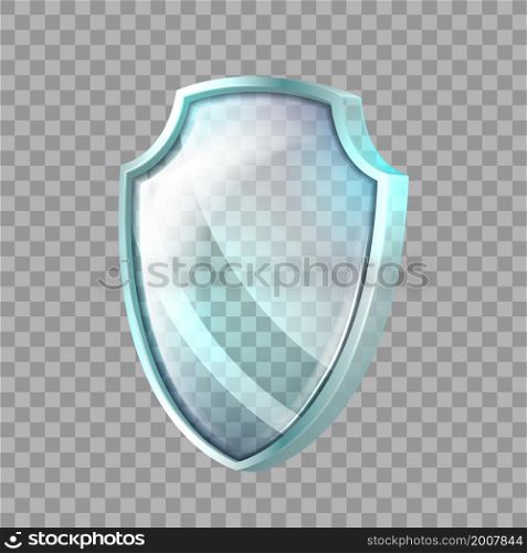 Glass shield protect. Armor sign. Crystal safety. Transparent glass. 3d realistic vector. Glass shield protect
