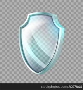 Glass shield protect. Armor sign. Crystal safety. Transparent glass. 3d realistic vector. Glass shield protect