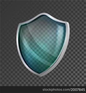 Glass shield protect. Care badge. Blue transparent emblem. Safety glass. 3d realistic vector. Glass shield protect