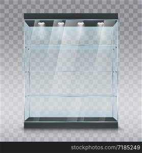 Glass showcase or display cabinet realistic vector mockup of shop or museum stand with glass shelves and spotlights on transparent background. Retail store, supermarket or exhibition furniture design. Glass showcase display cabinet mockup