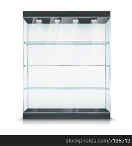 Glass showcase stand with shelves and light lamps, vector realistic 3D mockup object. Product display or glass showcase cabinet with lighting, exhibition, gallery and boutique retail equipment. Glass display, showcase stand with shelf and light