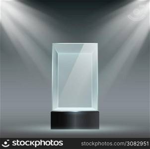 Glass showcase. Transparent plastic cube, empty product or museum display in block shape with spotlights. Prism stand for exhibit vector set. Illustration prism in spotlight, display showcase. Glass showcase. Transparent plastic cube, empty product or museum display in block shape with spotlights. Prism stand for exhibit vector set