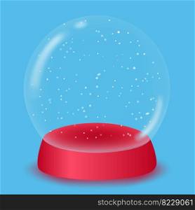Glass snow globe 3D with snow on a blue background. Podium template for product promotion. Design element for winter holidays. Vector illustration.. Glass snow globe 3D with snow on a blue background