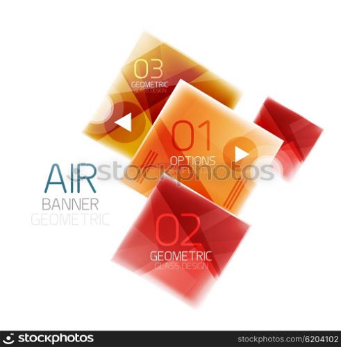 Glass square web box, infographics banner. Business air light glossy design template with buttons and option text