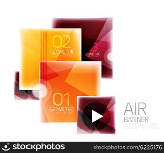 Glass square web box, infographics banner. Business air light glossy design template with buttons and option text