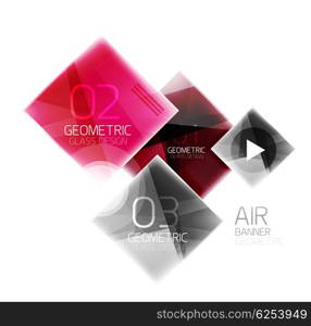 Glass square web box, infographics banner. Business air light glossy design template with buttons and option text