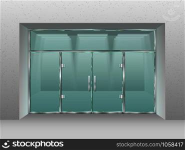 Glass store facade. Shopfront window, retail shop or modern business office double doors. Store boutique showcase door or entrance front exterior vector illustration. Glass store facade. Shopfront window, retail shop or modern business office vector illustration