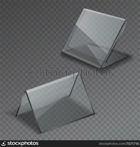 Glass table display. Office blank transparent glass table signs acrylic information clear stand menu frames vector isolated illustration. Glass table display. Office blank transparent glass table signs acrylic information clear stand menu isolated frames