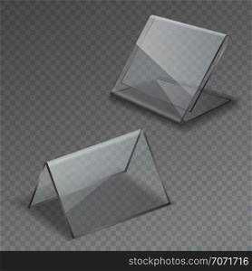 Glass table display. Office blank transparent glass table signs acrylic information clear stand menu frames vector isolated illustration. Glass table display. Office blank transparent glass table signs acrylic information clear stand menu isolated frames
