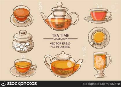 glass tea set color. Cup of tea, teapot and sugar bowl vector set on brown background