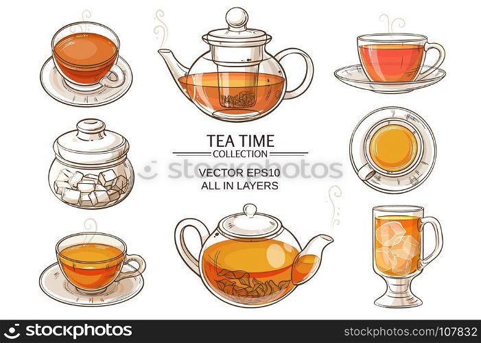 glass tea set color. Cup of tea, teapot and sugar bowl vector set on white background