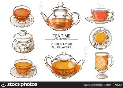 glass tea set color. Cup of tea, teapot and sugar bowl vector set on white background