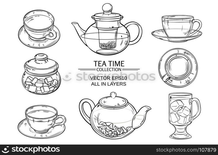 glass tea set sketch. Cup of tea, teapot and sugar bowl vector set on white background