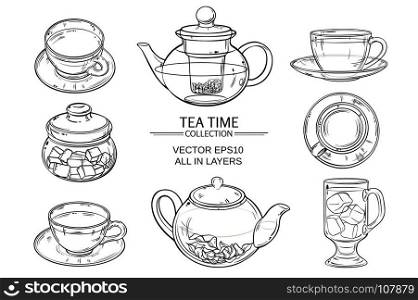 glass tea set sketch. Cup of tea, teapot and sugar bowl vector set on white background